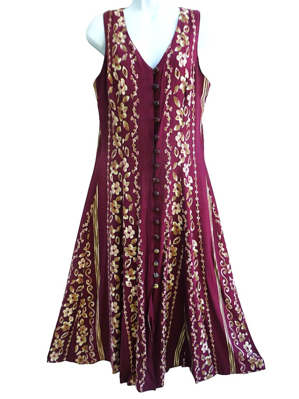 Vintage USA 70s Burgundy Hawaiian Floral Midi Tank Dress Full Button Front Tie